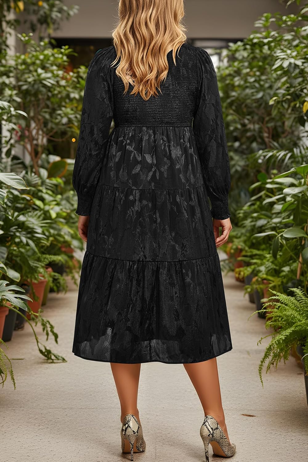 Plus Size Wedding Guest Dress - V Neck Floral Smocked Puff Sleeve Summer Fall A Line Tiered Flowy Midi Dresses 2025 - Image 5