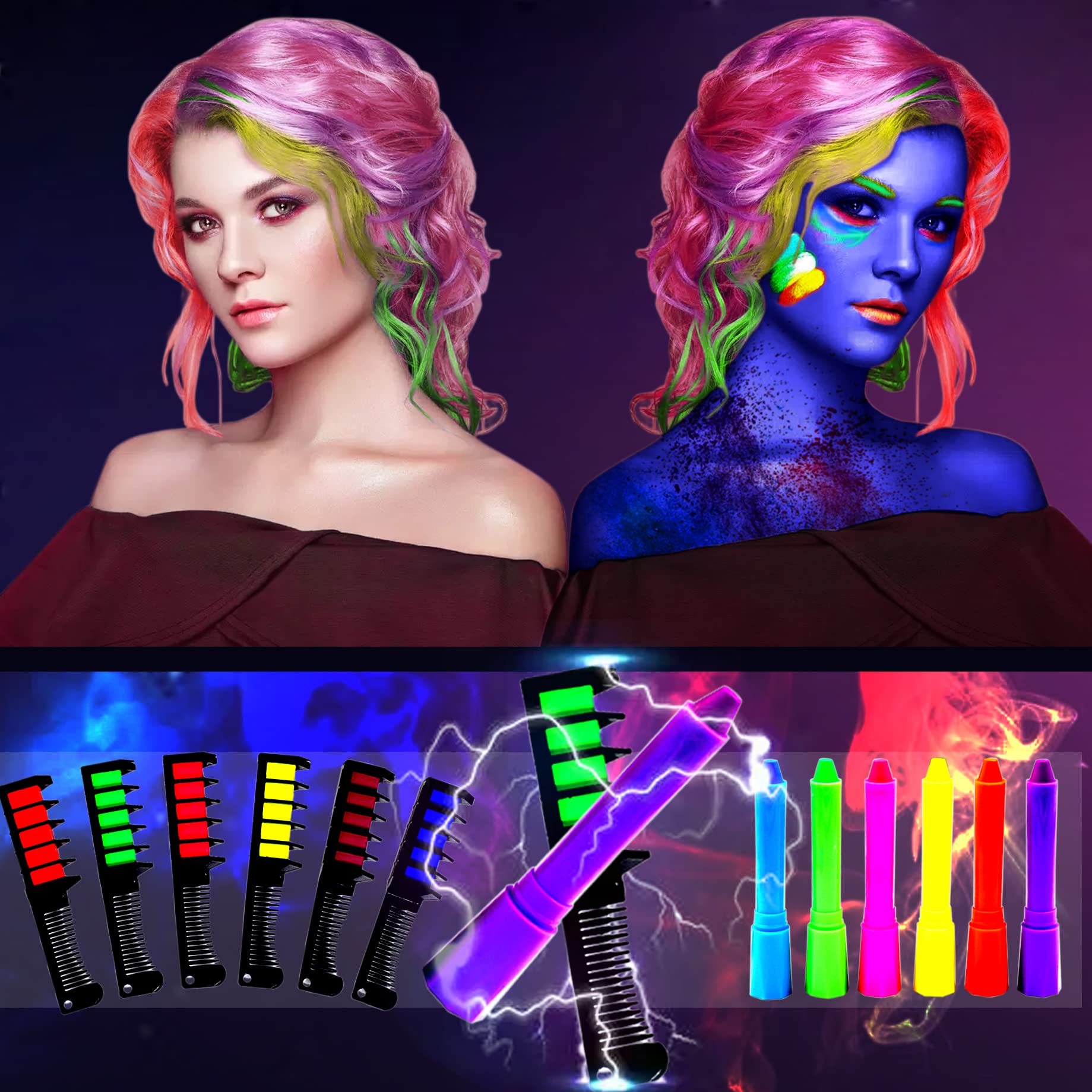 6 crayons 6 chalk Glow in the dark face Body paint crayons Chalk comb UV Black Light Glow neon painting set Halloween Costume Holiday Birthday Masquerades Club Makeup Party