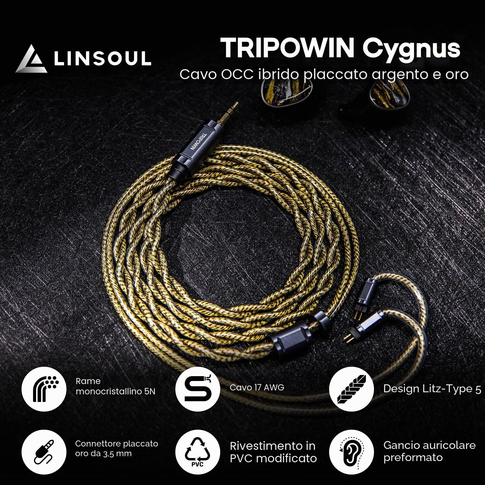 Linsoul Tripowin Cygnus Cavo IEM Ibrido in Rame Monocristallino, Filo di Ricambio per Cuffie HiFi LITZ TYPE5 e AWG 17 per In Ear Monitor e Auricolari con Cavo (2-Pin)