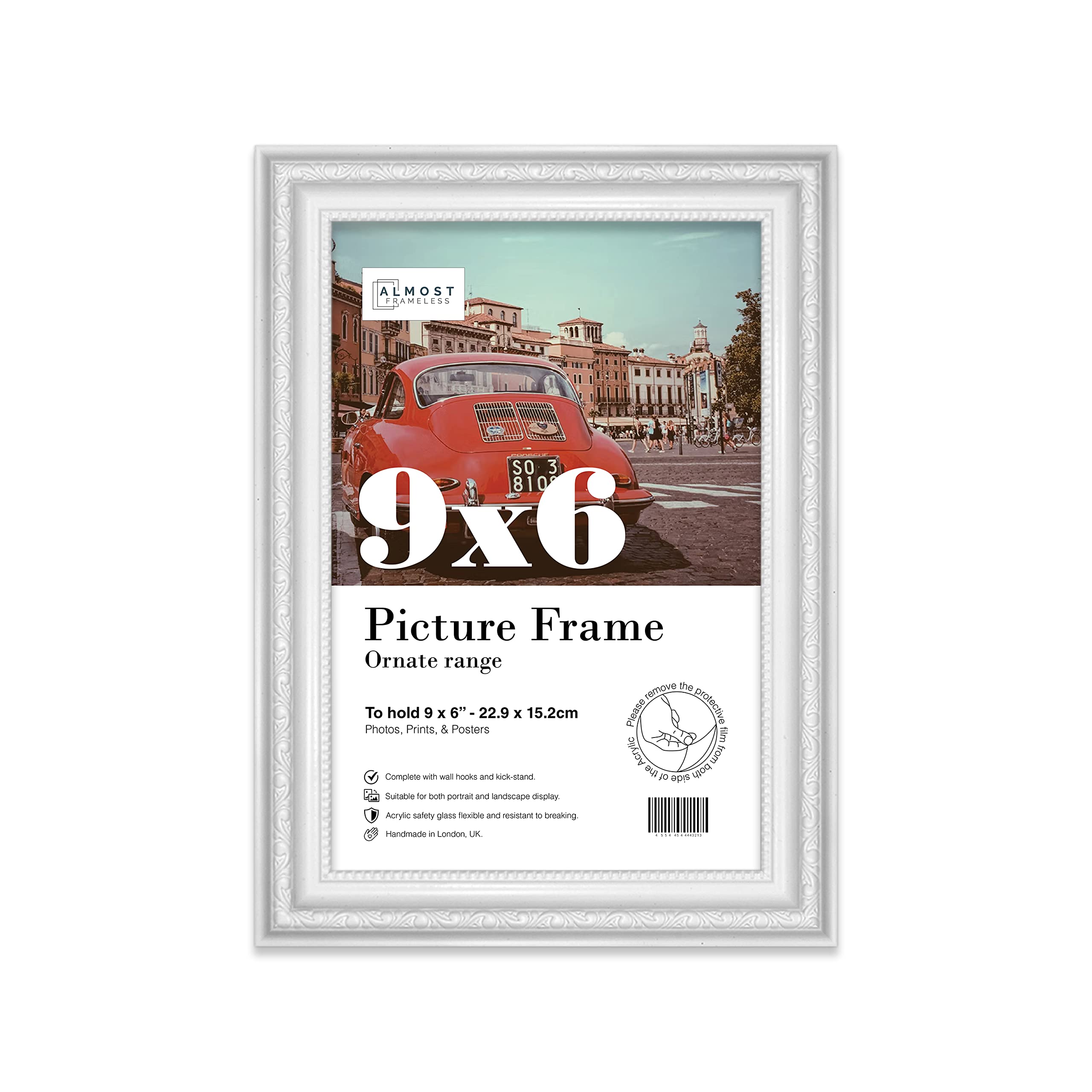 Almost Frameless 9x6 White Ornate Picture Frame 9"x6"(22.9x15.2cm) Poster, Photo, Artwork, or Print. Opulent Style Portrait and Landscape Display with Wall Hooks