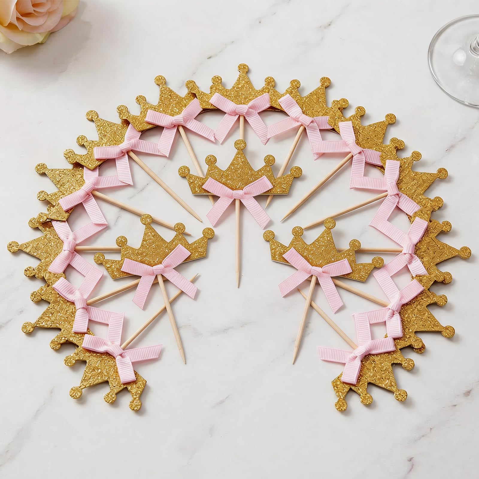 20PCS Gold Crown Cake Toppers with Pink Bows - Pre-Assembled Princess Theme Cupcake Decorations for Birthday Party, Anniversary Celebration (Adult Party Supplies)