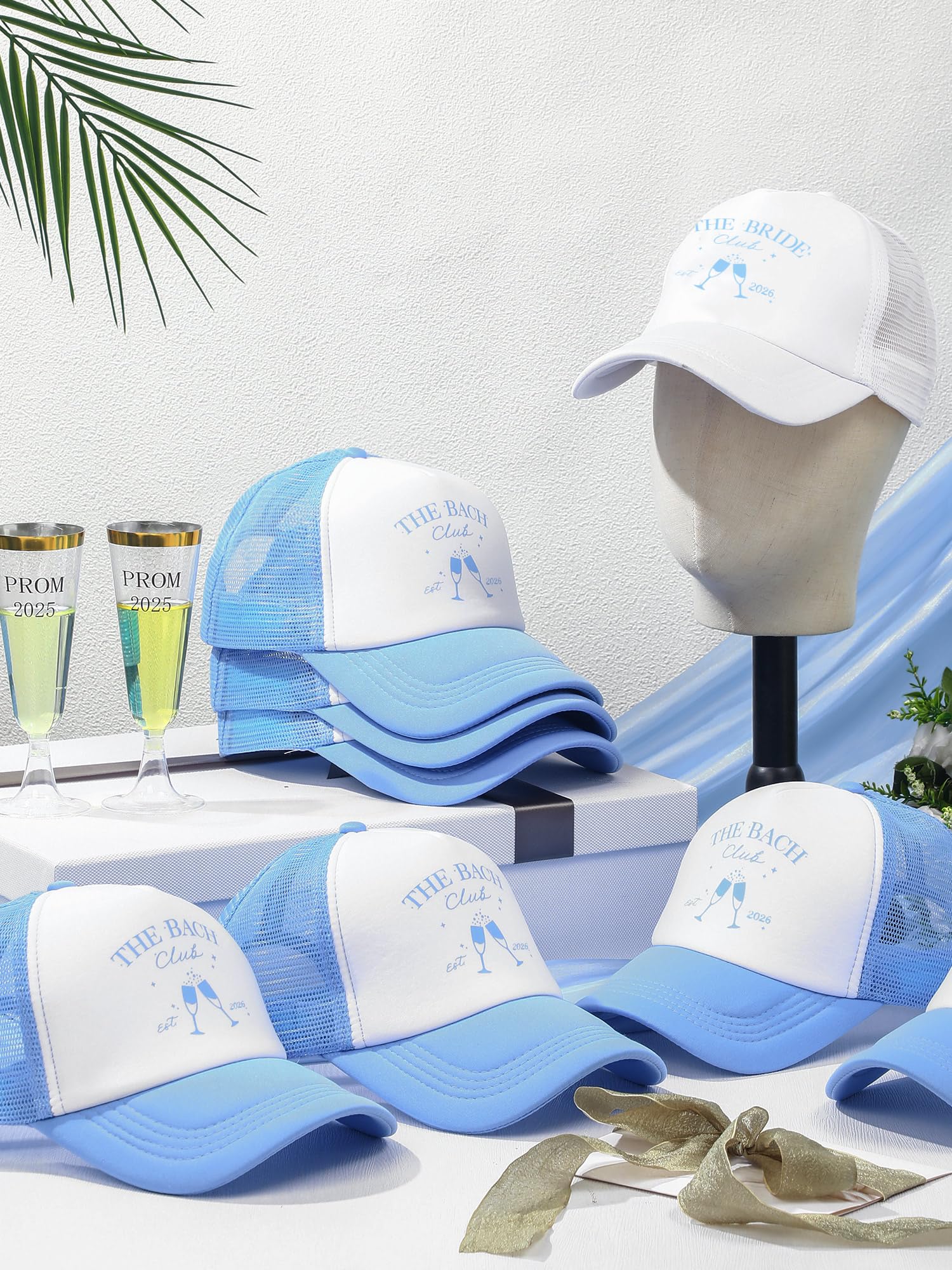 Shyyween Paquete de 8 sombreros de despedida de soltera del club social que incluye 1 gorra de novia y 7 gorras de camionero The Bach Club