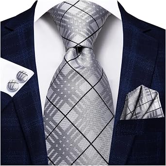 VSOLS Men's Blue Black Striped Tie 3.4" Tie Pocket Square Cufflinks Wedding Party Silk Tie Set Color SN-3359, Size 59.06 * 3.35in