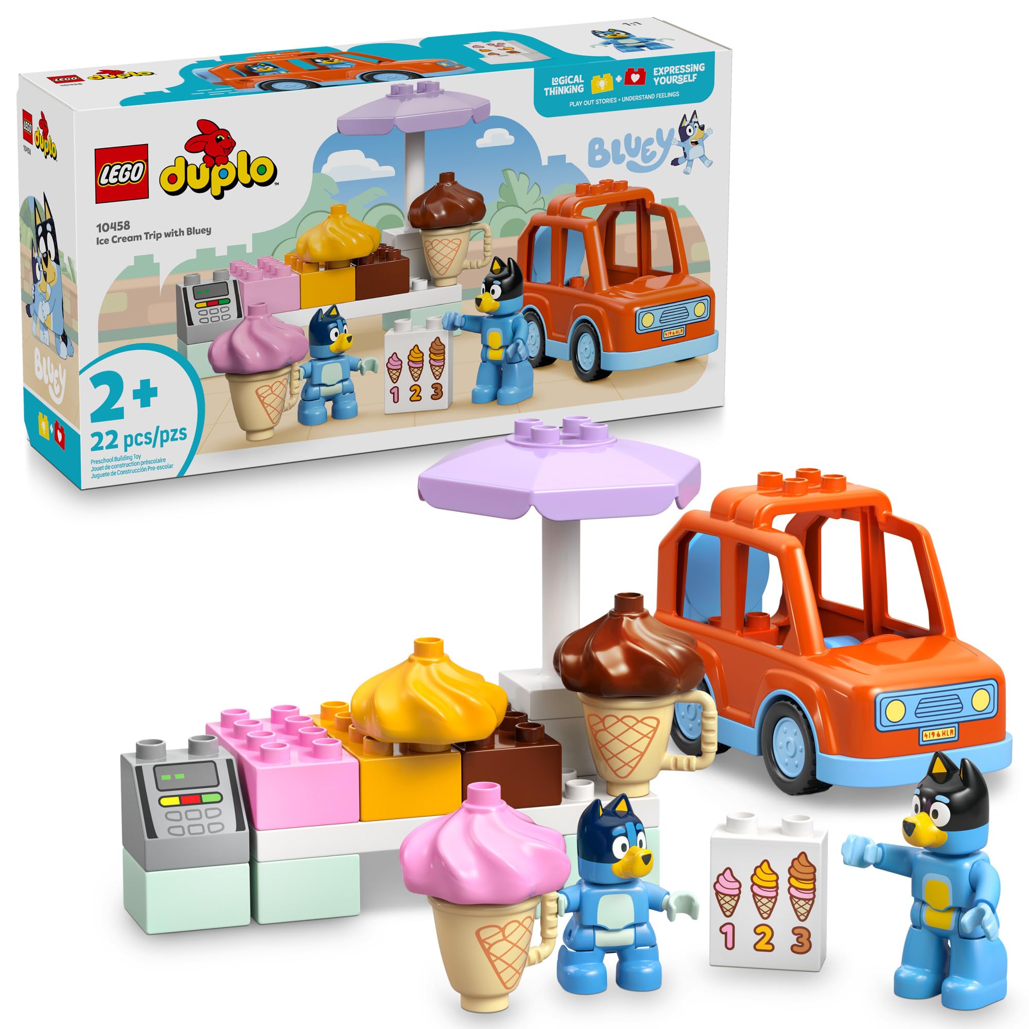 LEGODUPLO Bluey Ice Cream Trip with Bluey - Toddler Toy for Kids, Boys, and Girls Ages 2+ - Includes Bluey Figure and Ice Cream Toy Stand - Sensory Toy for Pretend Play - Preschool Gift Idea - 10458