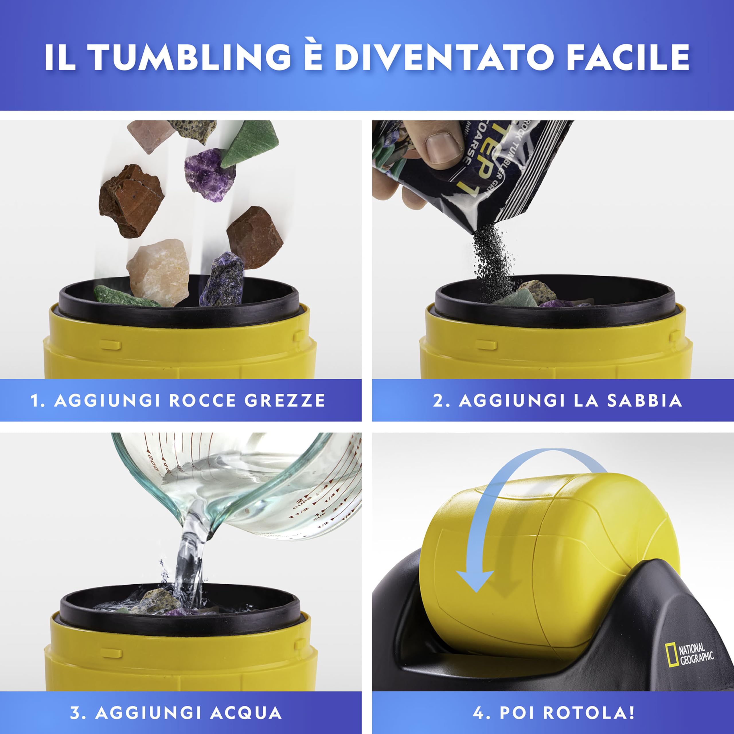 NATIONAL GEOGRAPHIC – Kit di Levigatura per Iniziare con Rocce Grezze – Barile Resistente e a Prova di Perdite, 227 g di Pietre, Abrasivi, 5 Accessori per Gioielli