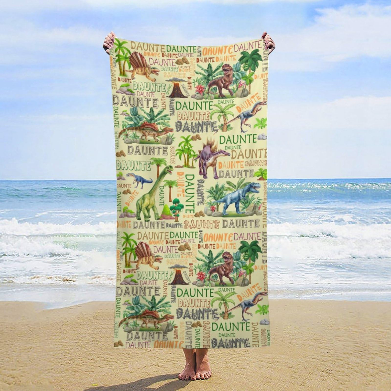 Personalized Beach Towels with Names Custom Monogram Dinosaur Microfiber Beach Towel for Baby Girls Kids Personalized Funny Quick Dry Travel Swimming