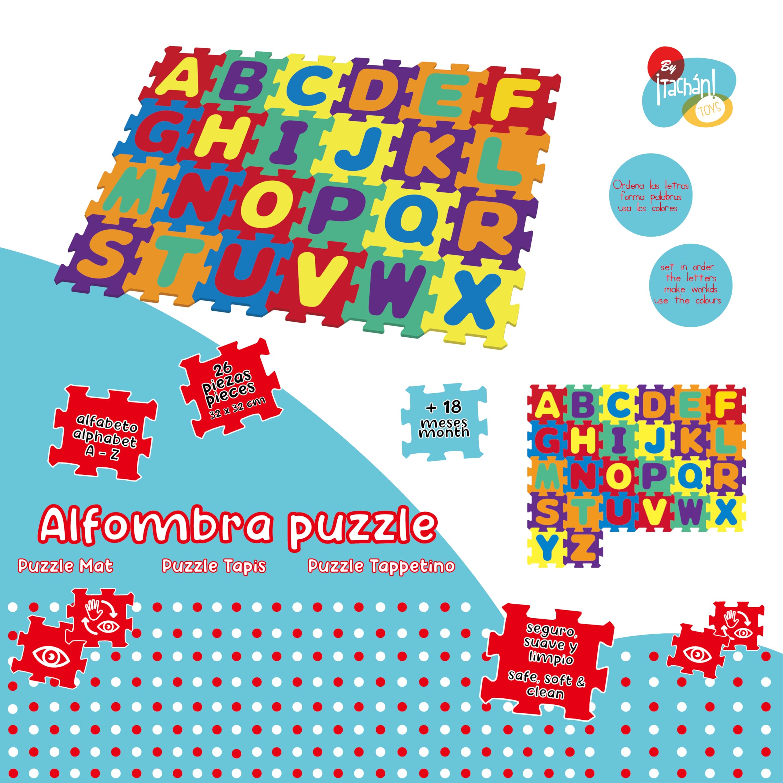 Alfombra Puzzle Infantil De 26 Letras | Losetas EVA De 32x32 Cm | Educativa Y Segura | Ideal Para Interior Y Exterior | Incluye Bolsa De Transporte