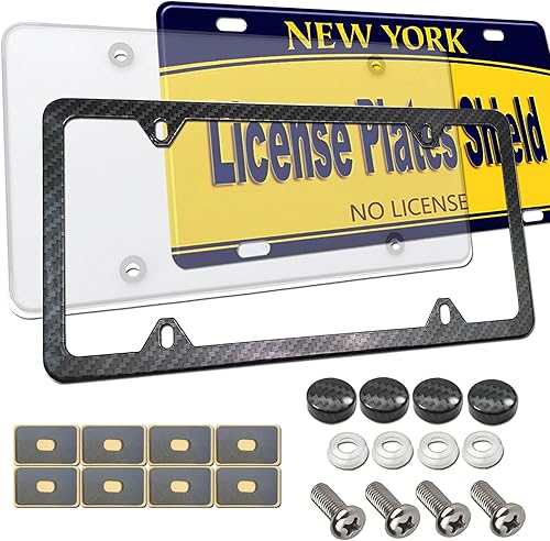 Miniatura 1 de FBJTDQ Combo de marco para placa de matrícula marco de placa de fibra de carbono y cubierta plana transparente, novedoso protector irrompible para