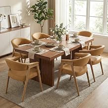 CIMOTA Upholstered Brown Leather Dining Chairs with Arms Set of 6, Mid Century Modern Kitchen & Dining Room Chairs, Comfortable Curved Backrest & Trapezoid Solid Wood Legs, PU