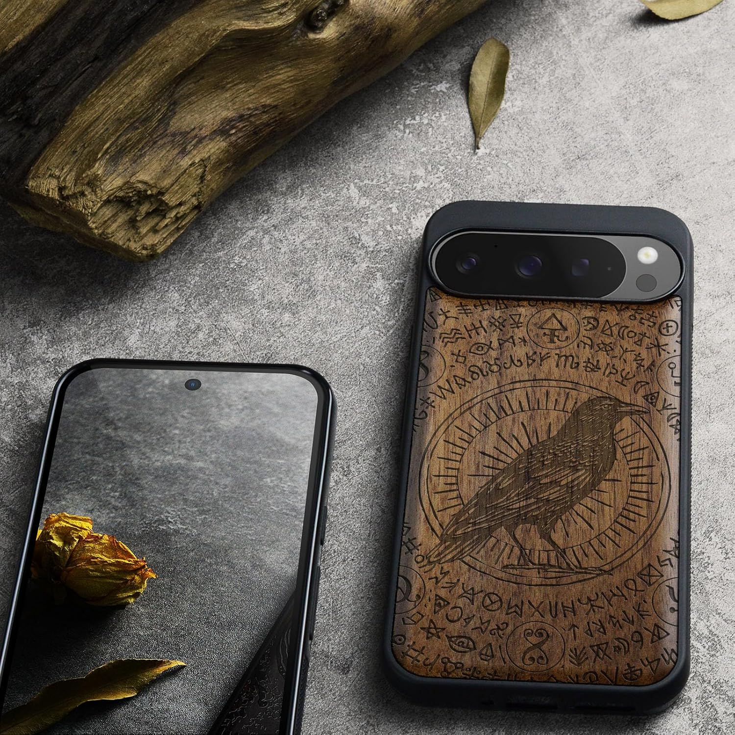 Carveit Magnetic Wooden Case for Pixel 9 Pro Google 9 Pro Case, Wood Artisan Engraved & Soft TPU Shockproof Cover, Compatible with MagSafe Wireless Chargers (The Haloed Crow) Walnut