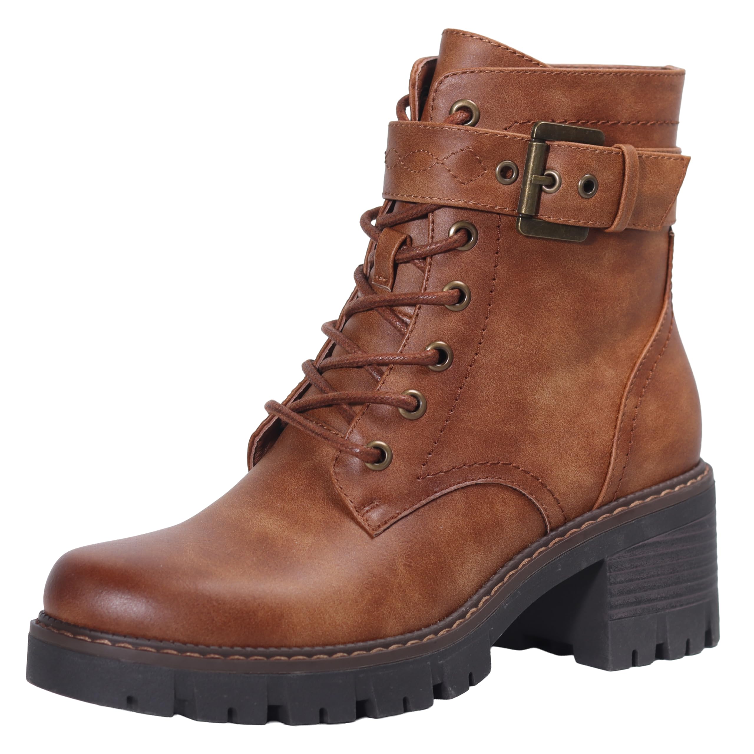 Womens Combat Boots Classic Lace-Up Ankle Booties with Side Zipper Buckle Chunky Mid Heel