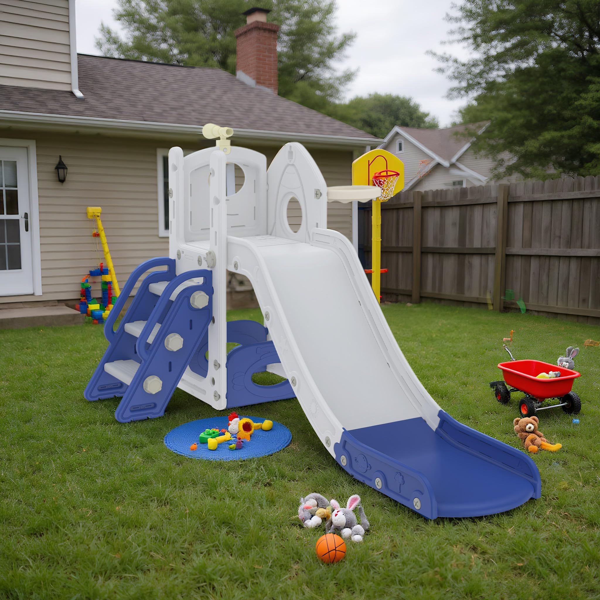 Aufun Scivolo 4 in 1 per bambini, set da gioco multifunzionale con scivolo, cestino da basket, vano portaoggetti, scala da arrampicata, montaggio senza attrezzi, stabile giocattolo autoportante