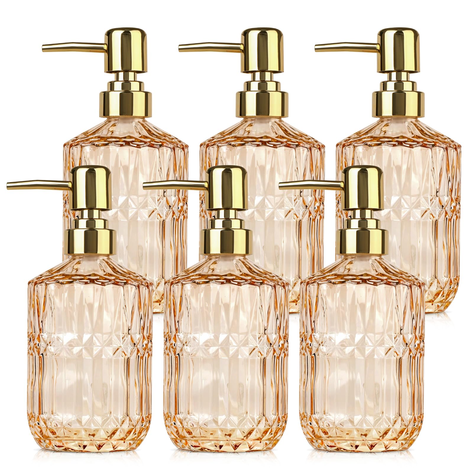 6 Pack Glass Soap Dispenser with Pump 15.2 oz Refillable Liquid Hand Soap Dish Soap Dispensers Vintage Soap Dispenser Liquid Bottle for Kitchen Sink Bathroom Counter(Gold,Gold Pump Head)