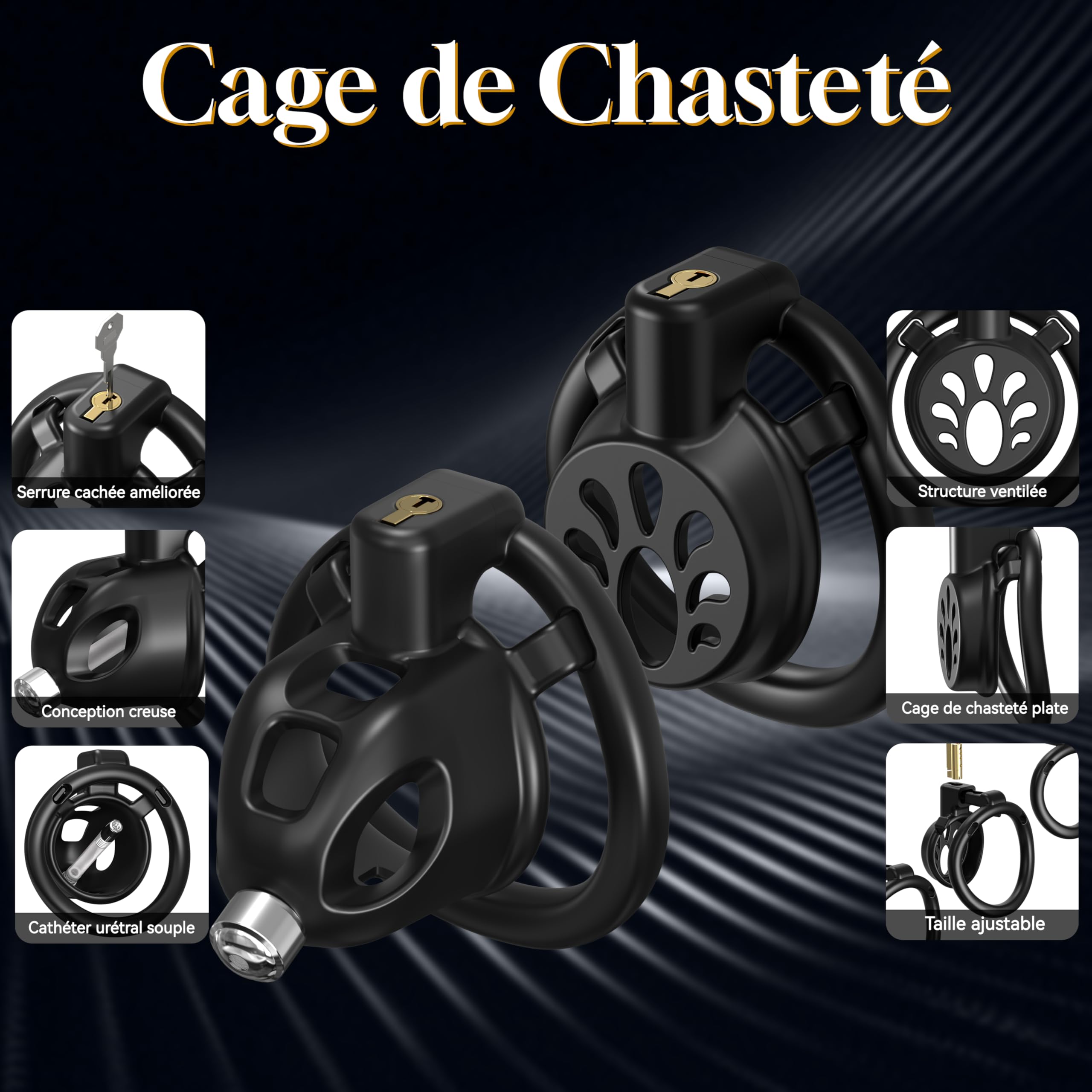 Cage de Chasteté Pénis Sex Toýs Homme Couple - 2 Styles Chastity Cage Légère avec 3 Taille Anneaux de Pénis 2 Serrure Invisible et 1 Cathéter Urétral, BDSM Cage à Pénis Plate pour Contrôle l’Érection
