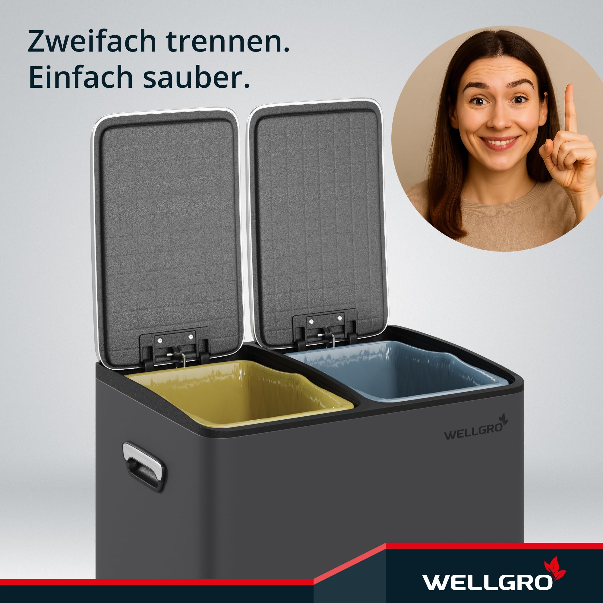 WELLGRO Mülleimer Küche 30 Liter – Edelstahl Treteimer 2x15 Liter grau mit Softclose-Deckel, Mülltrennsystem mit 2 Fächern und Kunststoff-Inneneimern