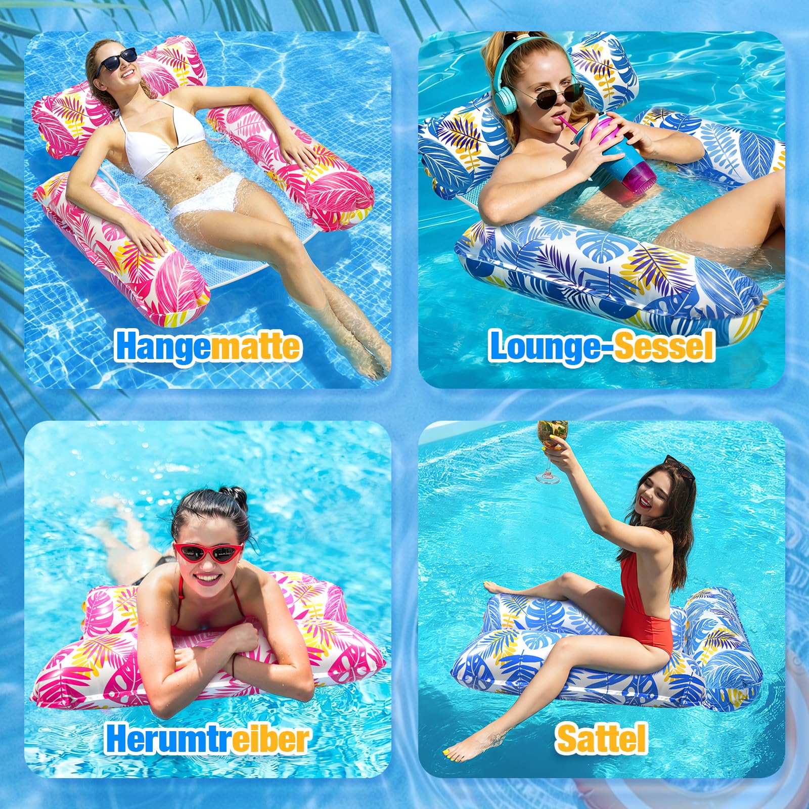 Dusor Luftmatratze Pool Zubehör 2 Stück, Luftmatratze Wasser Hängematte Pool Erwachsene 4 In 1, Aufblasbare Pool Spielzeug Wasserhängematte, Wasserspielzeug für Erwachsene und Kinder