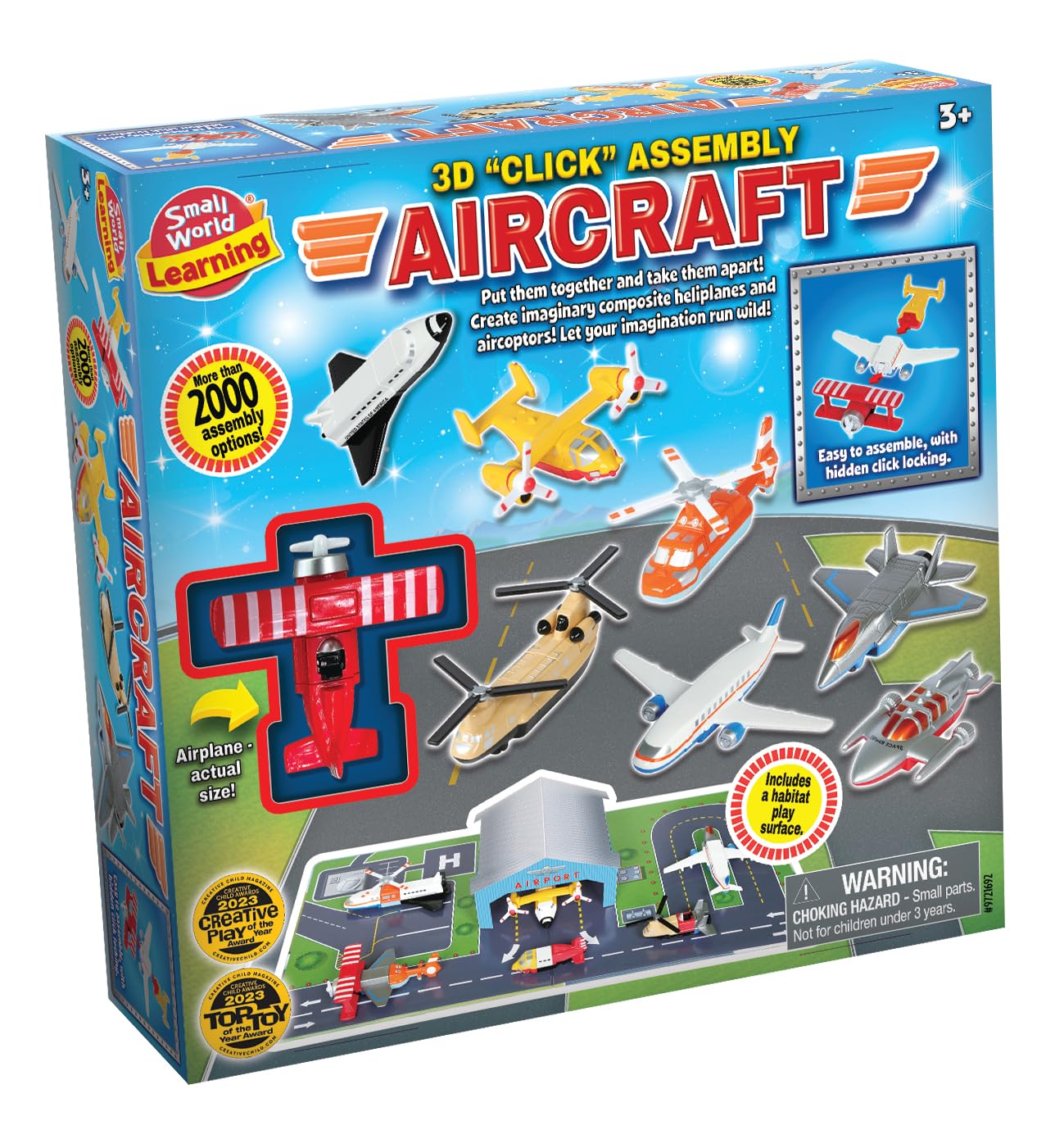 3D Aircraft Building Set, Click Assembly System, 2000+ Combinations with Airport Playmat, Ages 3+