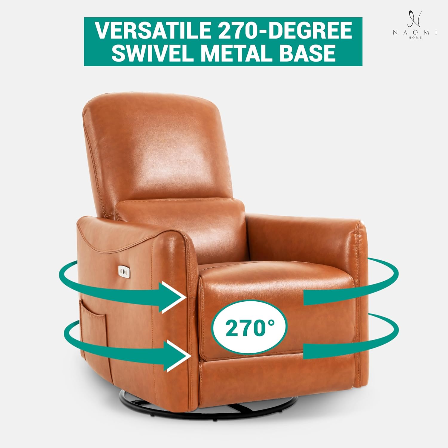 Naomi Home Willa Luxury Swivel Recliner Chair – Faux Leather Reclining Sofa for Living Room & Nursery with Lumbar Support, Vibration Massage & Heating Function, Caramel