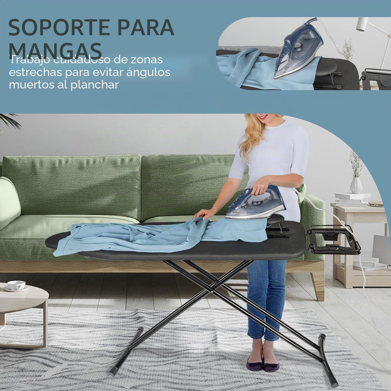 OUUTMEE Tabla de Planchar de 122 x 38 cm, Plegable, con Soporte para Plancha, Altura Ajustable, Patas Antideslizantes, Ahorra Espacio, Color Negro