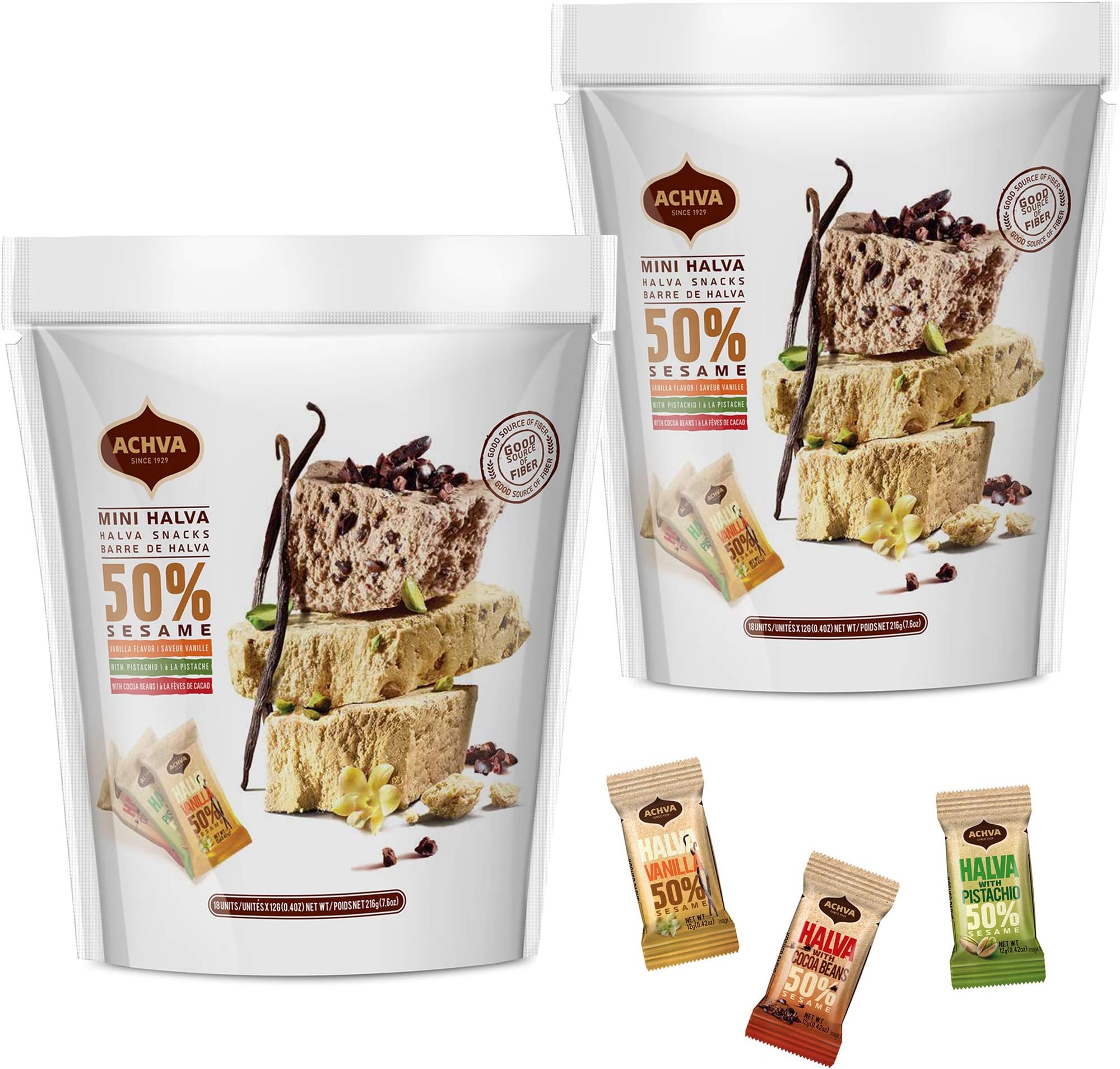 Achva Kosher Vanilla, Cocoa Beans, and Pistachio Mini Halva Bars Snack Bag 18ct. Each Bar 0.4oz Net Wt 7.6oz (Pack of 2) | Vegan | Kosher | Individually Wrapped