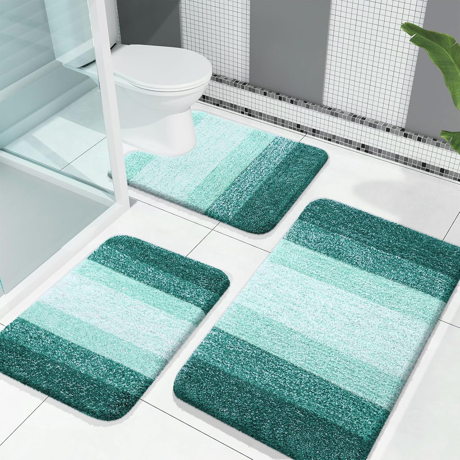 OLANLY Bathroom Rugs Sets 3 Piece, Soft Absorbent Microfiber Bath Mats and U-Shaped Contour Toilet Rug, Non-Slip, Home Decor Accessories, Plush Shaggy Bath Mat Set for Bathroom, Blackish Green