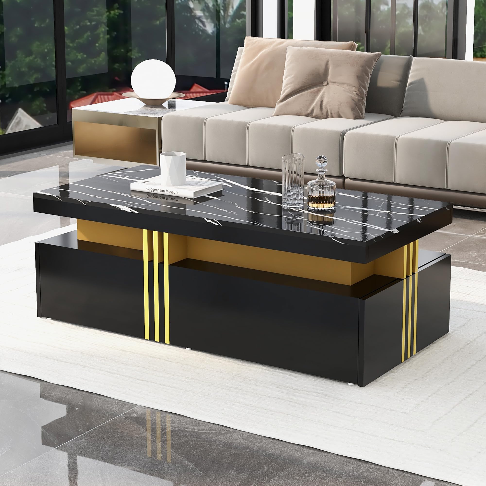 Modern Couchtisch Rechteckig mit Marmor-Optik Hochglanz Sofatisch Wohnzimmertisch mit 2 Holzschubladen Teetisch Kaffeetisch für Wohnzimmer Lounge Design Ablagetisch Groß 100x50x40 cm (Schwarz)