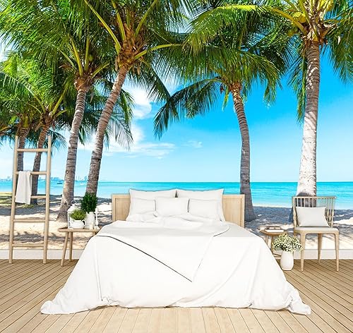 Decoración de pared de playa, papel tapiz de playa con palmeras tropicales, murales de océano, murales de playa para paredes, oficina, sala de