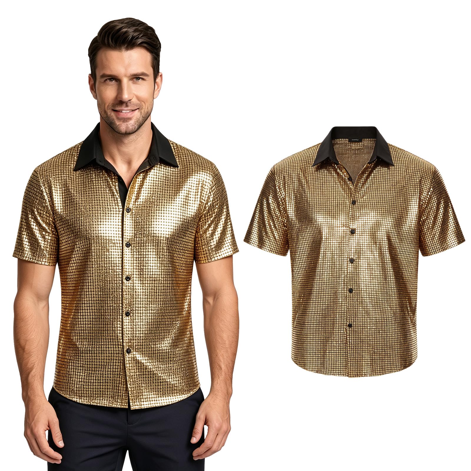 Crubelon Men's Sequin Short Sleeve Shirt Retro Disco Party Shirt Shiny Stage Performance Top for 70s Theme Events (Gold, XXXL)