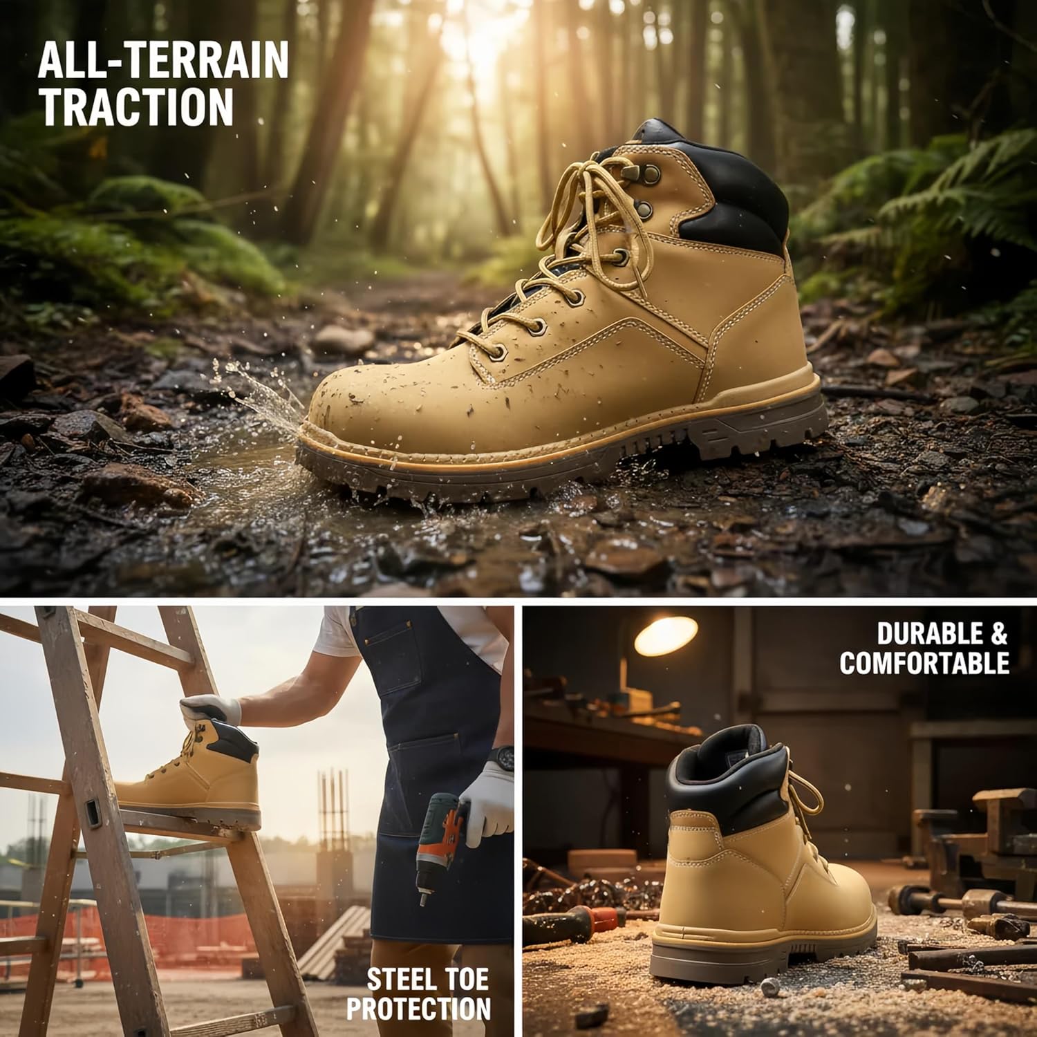 Water Resistant Work Boots Composite Toe Shoes Non Slip Construction Leather Boots Puncture Proof Indestructible Steel Toe Shoes Electrical Resistance Shoe Wheat