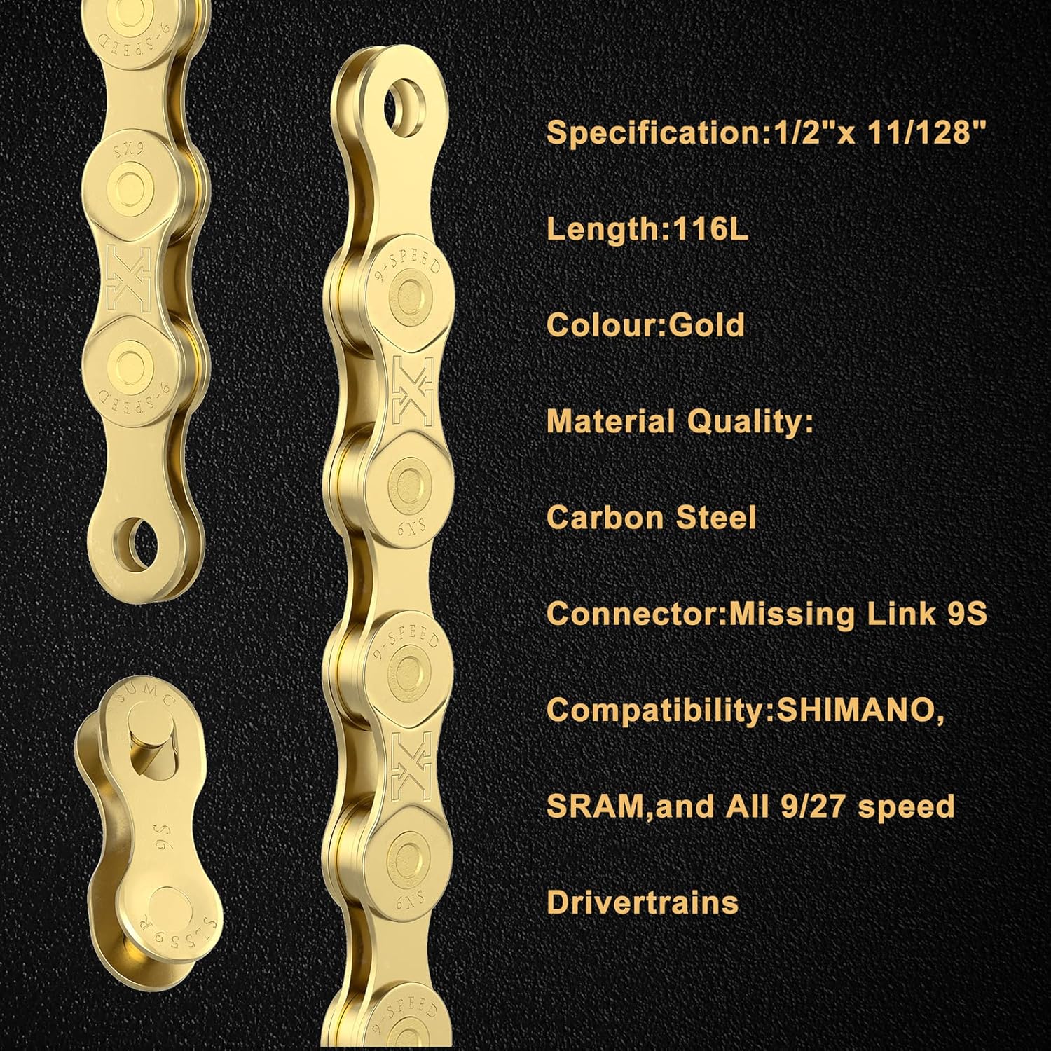 6/7/8/9/10/11/12speed Bike Chain -Bicycle Chain Compatible with Shimano, SRAM, Campagnolo and All Major Systems for Road Mountain Gravel Bike,Missing Link Included (Gold, 9 Speed)