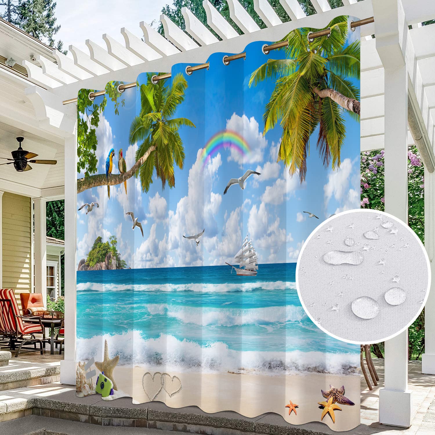 Rideaux imperméables pour jardin, terrasse, extérieur, porche, pergola cabane, tonnelle, auvent à œillets, un panneau (350 x 234 cm)