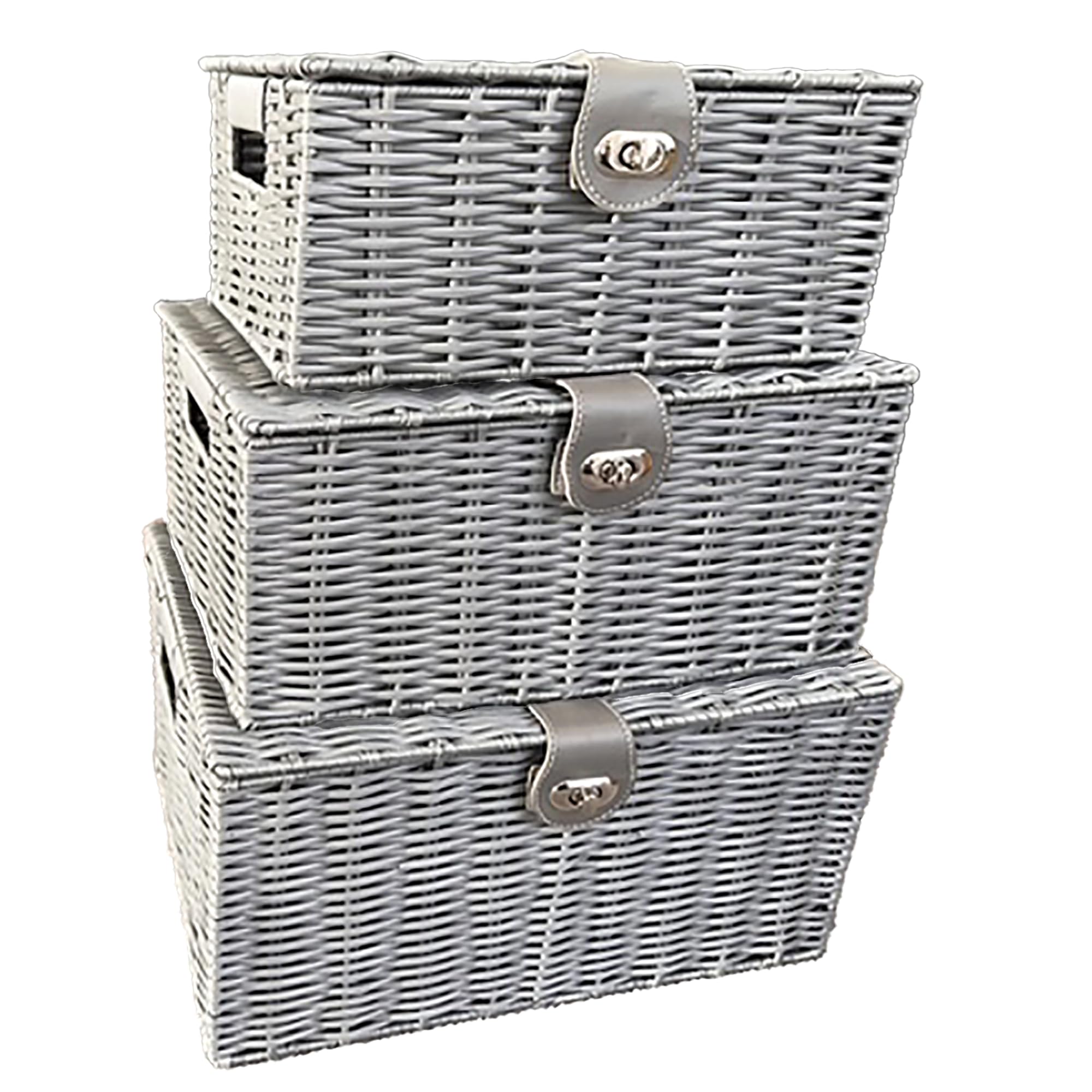 TOPVALEUR Set of 3 Resin Woven Bathroom Storage Baskets - Large Storage Box with Lid, Bedroom Storage Baskets, Bathroom Organiser, Wicker Basket with Lid, Blanket Box, Small Storage Box (GREY)