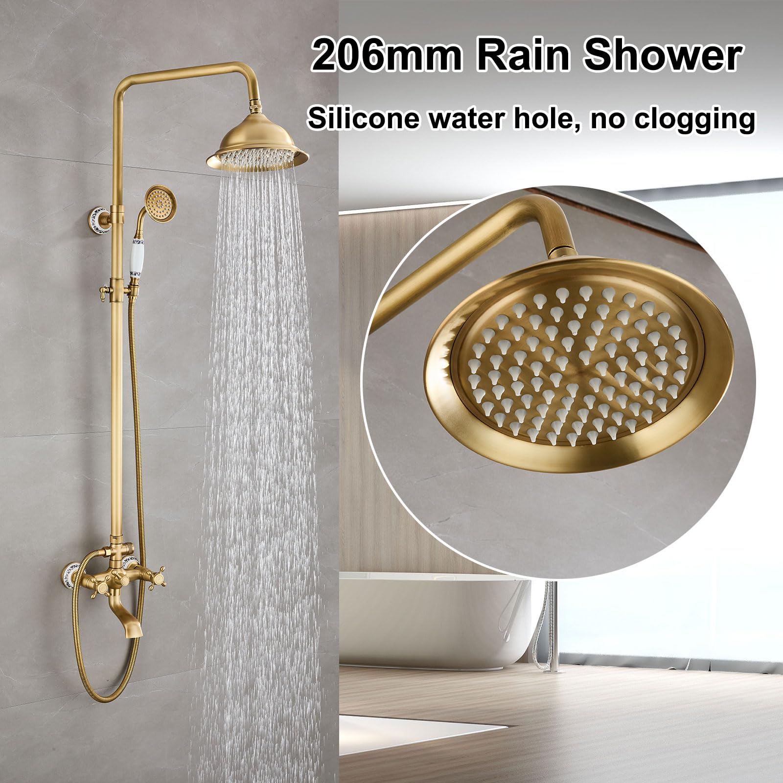 Mosiężna kolumna prysznicowa 3 funkcje 20 cm deszczownica ręczna słuchawka prysznicowa z niebiesko-białą porcelaną obracana o 90° bateria wannowa elegancka armatura łazienkowa