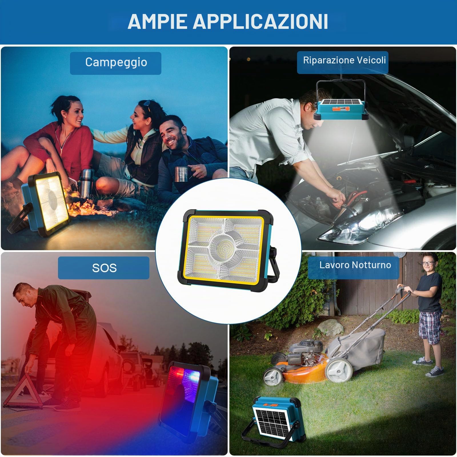 ERAY 100W Faro LED Ricaricabile Batteria da 12000mAh | 5 Modalità, 480 Perle LED, Pannello Solare, Faretto LED da Cantiere per Emergenza, Campeggio, Riparazione, Garage, Esterni