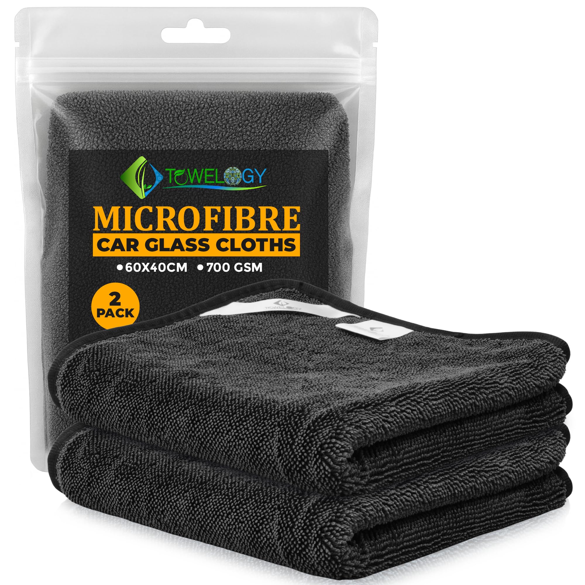 Towelogy® Premium Car Glass Cleaning Cloth - 2x Large Streak-Free Microfibre Cleaning Cloths for Windows, Screens, and Car Glass 60x45cm (Black)