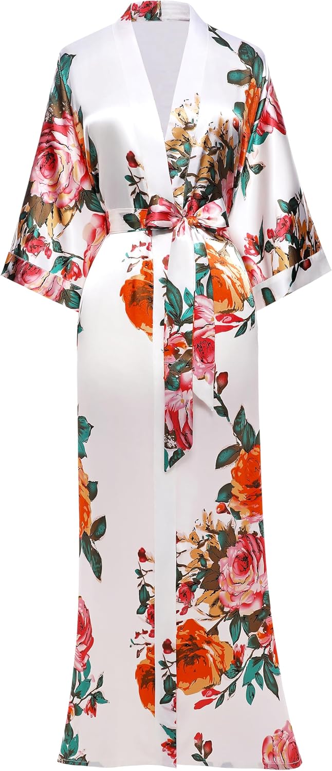 BABEYOND Women's Kimono Robe Long Satin Silky Floral Lightweight Bridesmaid Wedding Bachelorette Party Robe