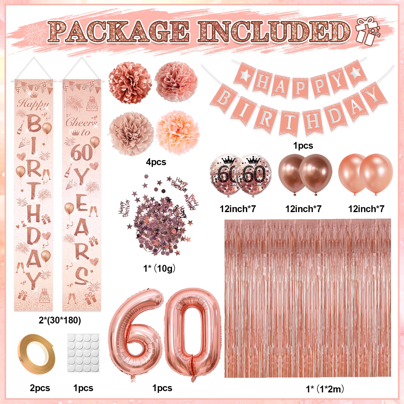 Decorazione Compleanno 60 Anni Oro Rosa – Striscione In Tessuto 150x90 Cm Con Pois E Diamanti, Per Festa E Sfondo Fotografico