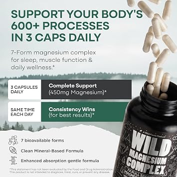 Wild Foods Magnesium Complex Supplement with 7X Forms, 90 Capsules | High Absorption, Full Spectrum, Easy Digestion | 500mg Glycinate, Bisglycinate, Malate, Orotate, Citrate, Taurate