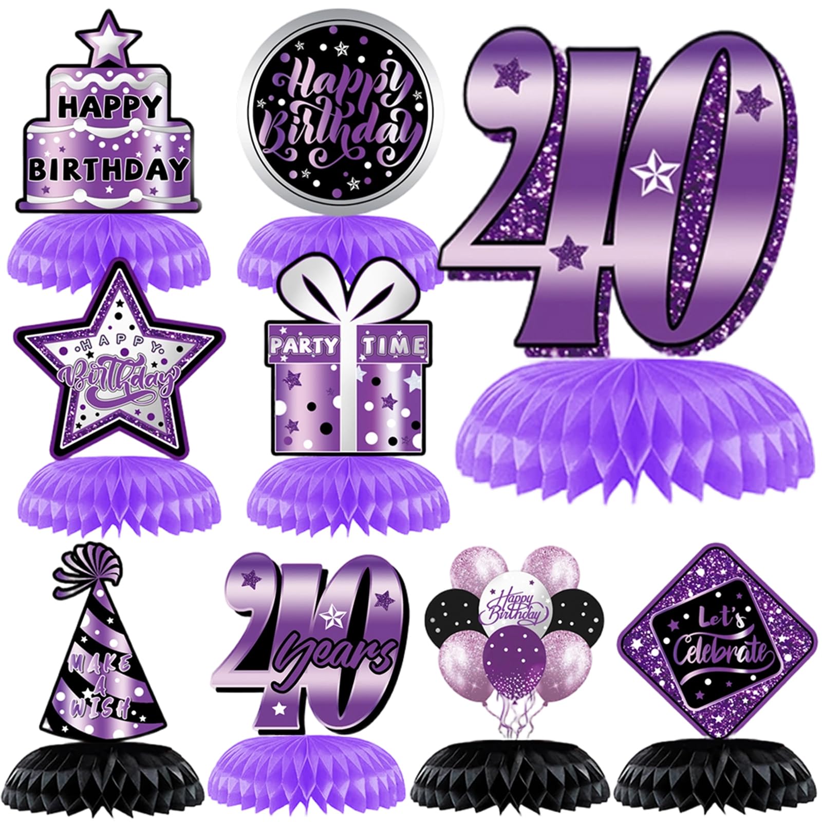40th Birthday Decorations, 9pcs Black and Purple Honeycomb Centerpieces Table Decorations Reusable Table Toppers Happy 40th Birthday Table Decorations for Women Men