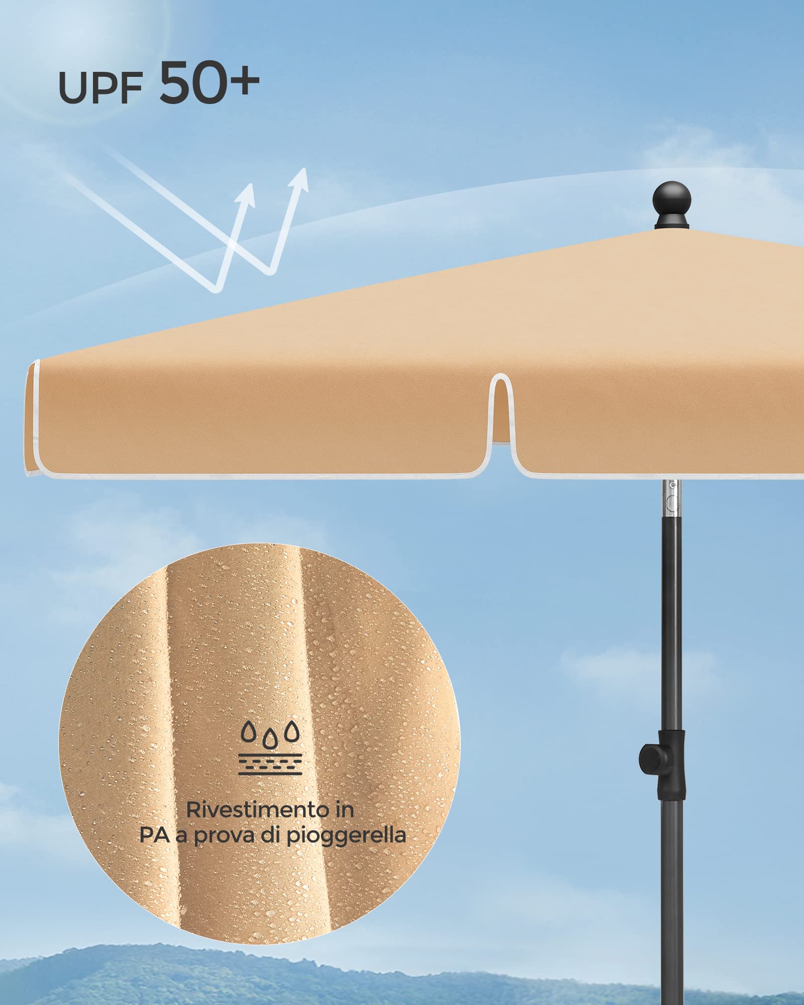 SONGMICS Ombrellone da Balcone 180 x 125 cm UPF 50+ Inclinazione Bidirezionale a 30° Altezza Regolabile con Borsa da Trasporto Tortora