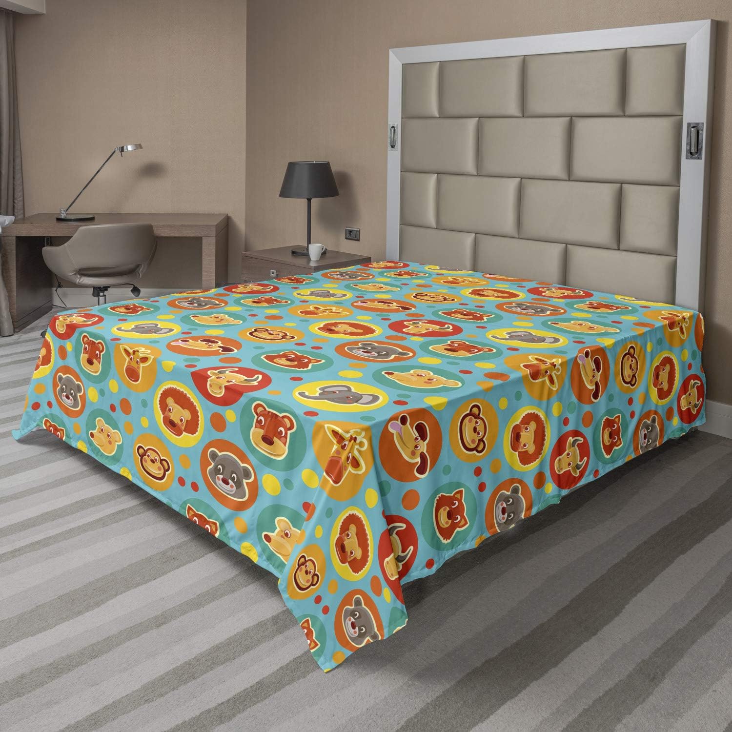 Ambesonne Cartoon Animal Flat Sheet, Comic Animal Faces on Colorful Dots Happy Fun Characters, Soft Comfortable Top Sheet Decorative Bedding 1 Piece, Queen Size, Multicolor