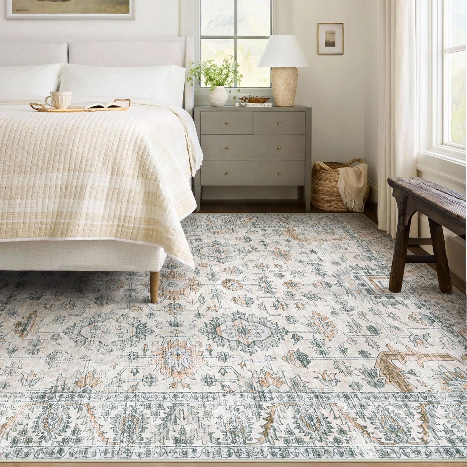 XLUEZ Area Rug 5x7 Living Room Rug, Machine Washable Vintage Distressed Boho Area Rug Non-Slip Soft Low Pile Large Indoor Rugs for Bedroom Kitchen Dining Room Office(Brown Green,5'x7') thumbnail