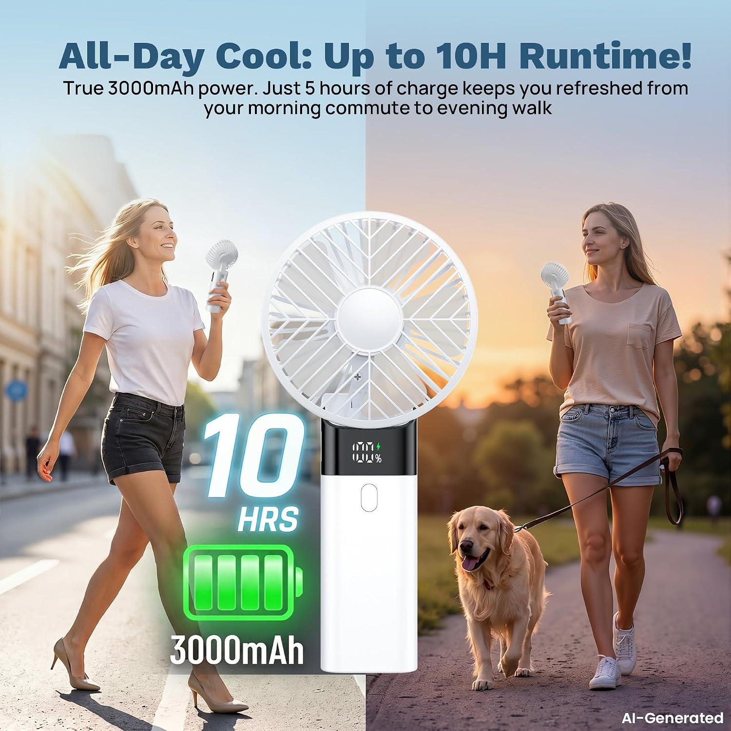 AJVV Handheld Fan Rechargeable, Portable Mini Fan, Up to 10H Runtime, 180° Foldable Personal Fan, USB Travel Fan with 3000mAh Battery for Pocket, Office, Bedroom, Camping