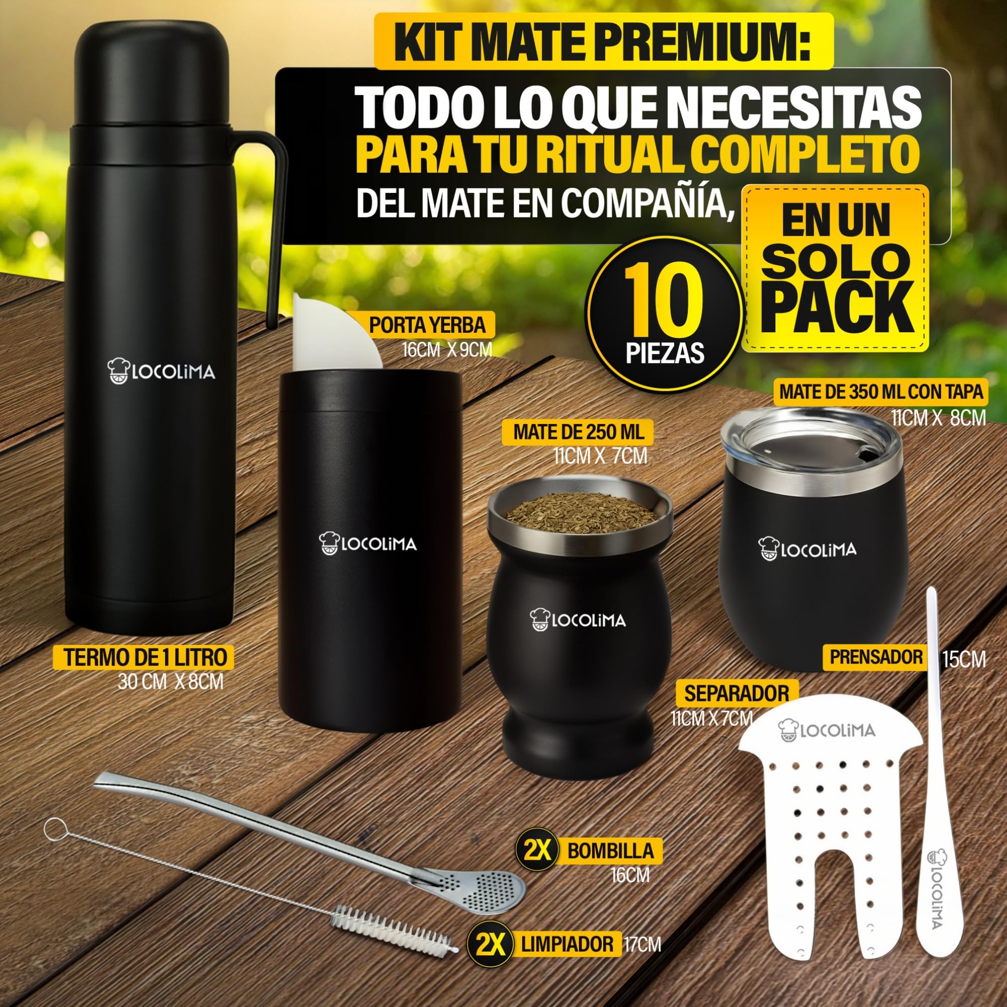 Kit Mate Argentino Premium 10 Piezas, Termo Mate 1L Doble Pared de Acero Inoxidable, 2 Vasos (250ml y 350ml con tapa) Bombillas, Porta Yerba, Separador Yerba y Prensa el Autentico Set de Mate