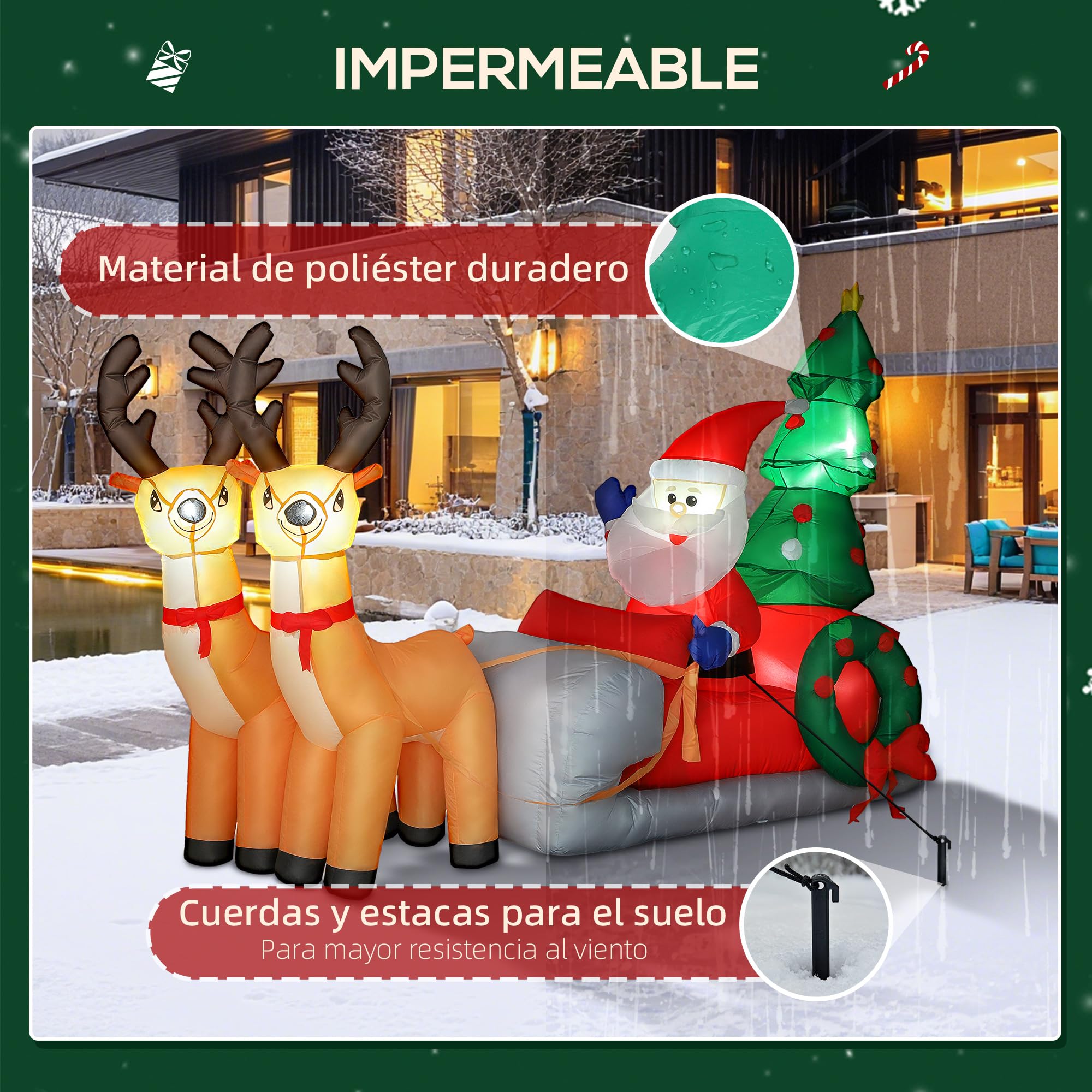 Outsunny Papá Noel Hinchable con Trineo, Renos y Árbol 216x90x150 cm | Inflables de Navidad con Luces LED, Decoración de Navidad para Exterior e Interior