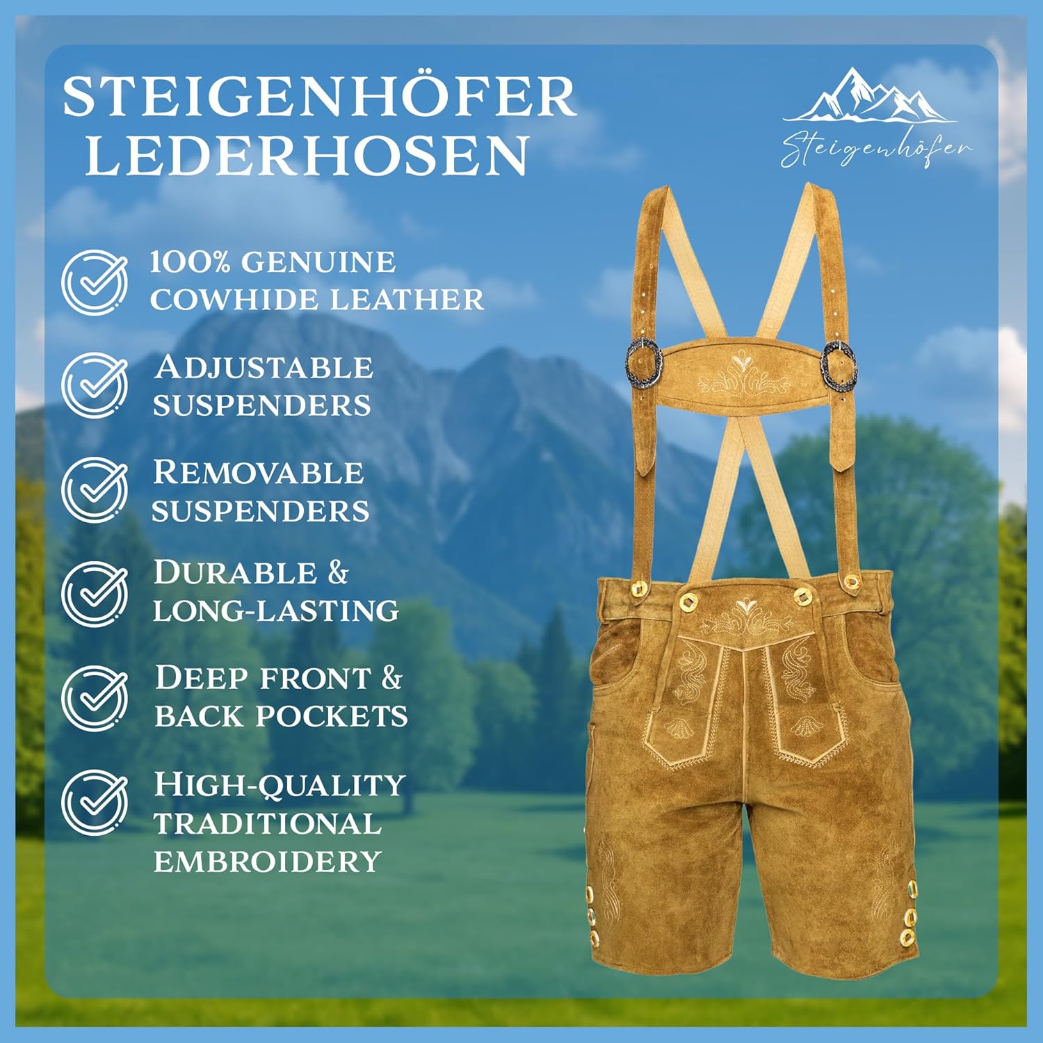 STEIGENHÖFER Lederhosen Men - Authentic German Bavarian Shorts - Real Leather Oktoberfest Costume - Trachten Outfit