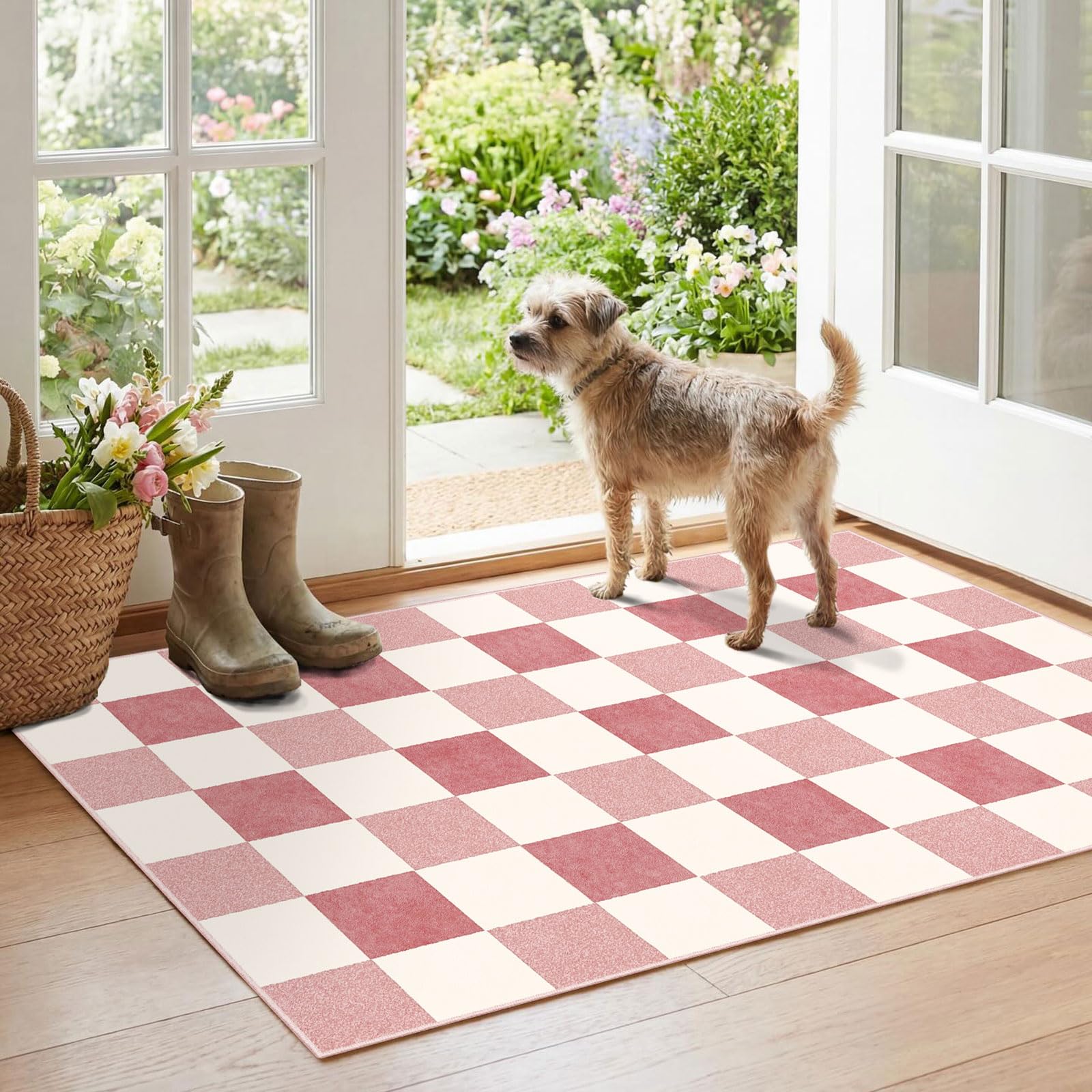 Othilic Pink White Checkered Rug, 28"x43" Doormat Indoor Outdoor Entrance