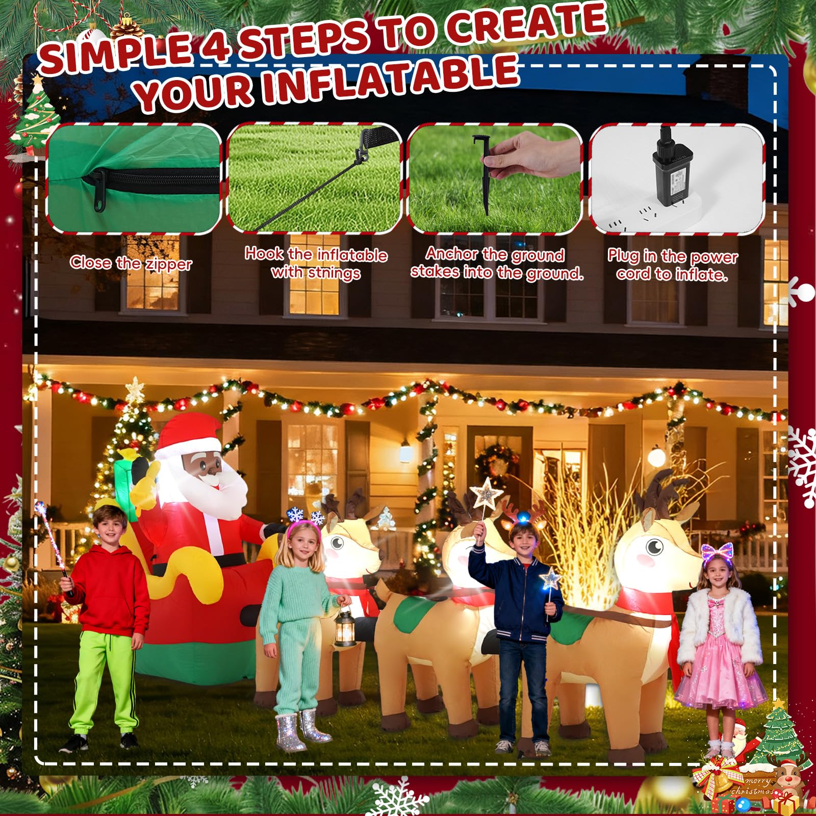 Sanlu Traîneau de Père Noël gonflable d'extérieur avec lumières LED pour décoration de fête de Noël, décoration de jardin d'hiver, 3,7 m