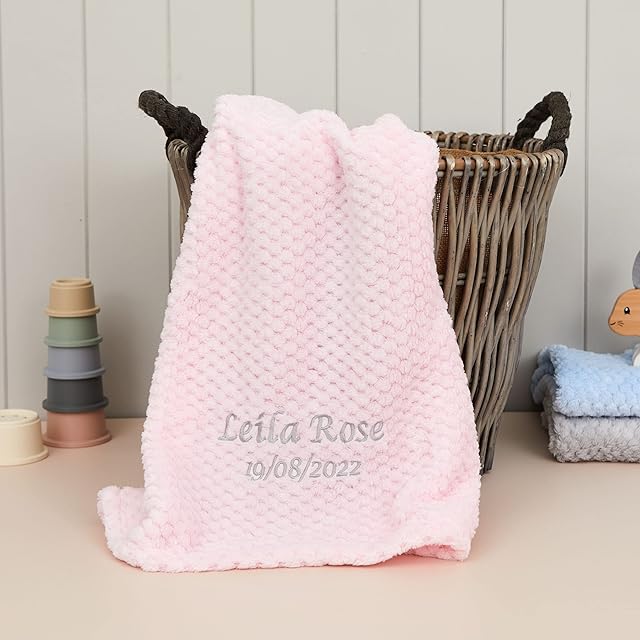 Hoolaroo Personalised Baby Blanket Embroidered Soft Baby Soft Breathable New Baby Gifts Baby Blanket Newborn Gift Pink Girl Present for Babies