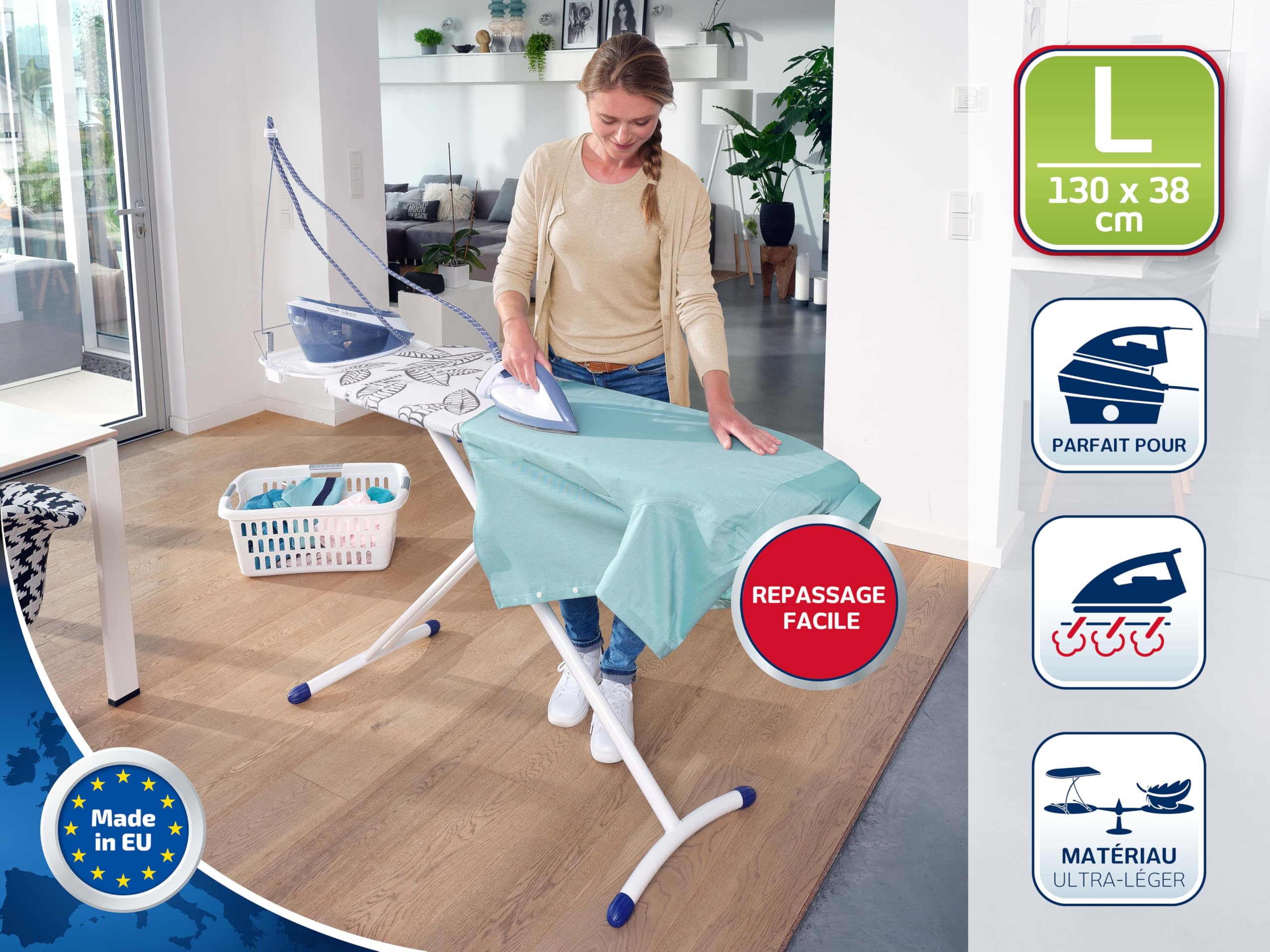 Planche à Repasser Pliable 107x78 Cm – Hauteur Réglable 4 Niveaux + Bouclier Thermique – Luojuny Blanc